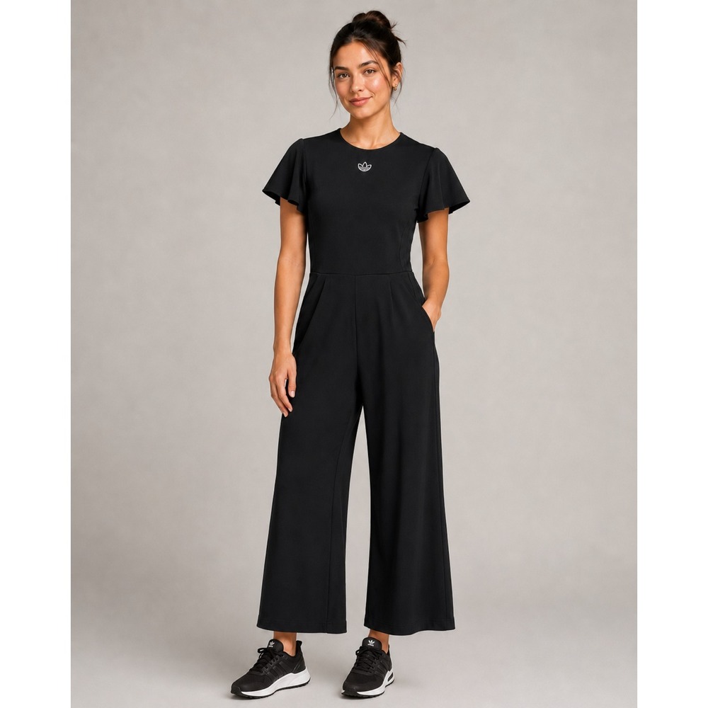 Adidas Originals Black Trefoil Flutter Sleeve Wide Leg Jumpsuit athleisure sport